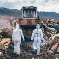 Recycling workers researching on the landfill