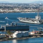 Aircraft Carrier and Sailboats in San Diego Bay in California