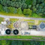 Sewage water works treatment plant aerial view from above showin