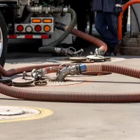 Gasoline being offloaded from a tanker truck into an underground storage tank at a gas station. A worker is in the background Gasoline being offloaded from a tanker truck into an underground storage tank at a gas station. A worker is in the background